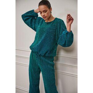 NWT ESQUALO SAFIA Teal Lurex Sparkle Crinkle Blouse
